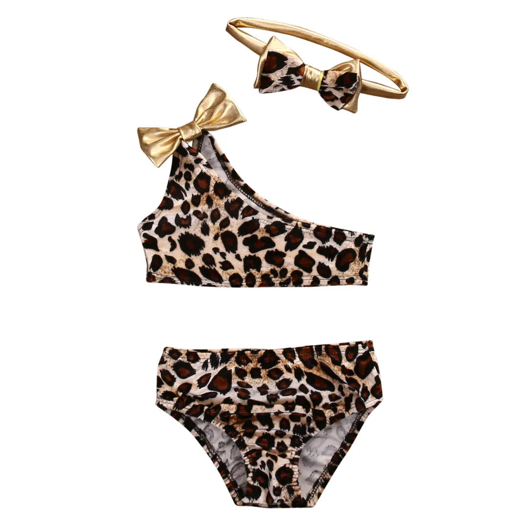 Kids baby girls leopard print one shoulder cotton blend swimsuit for summer beach pool
