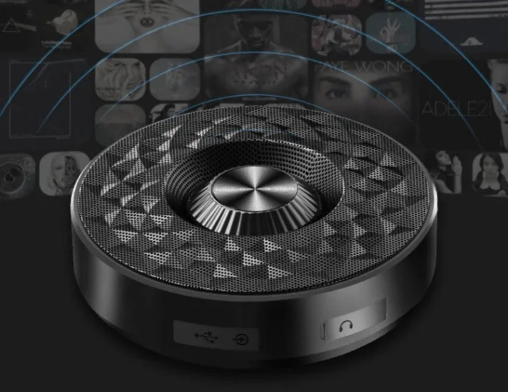 Square black Bluetooth portable speaker with microphone for wireless audio and calls