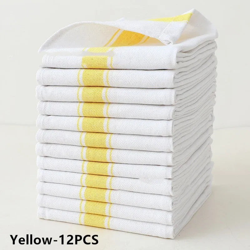 Set of 12 striped polyester cotton kitchen dish towels in assorted colours, each measuring 48 by 70 centimetres.