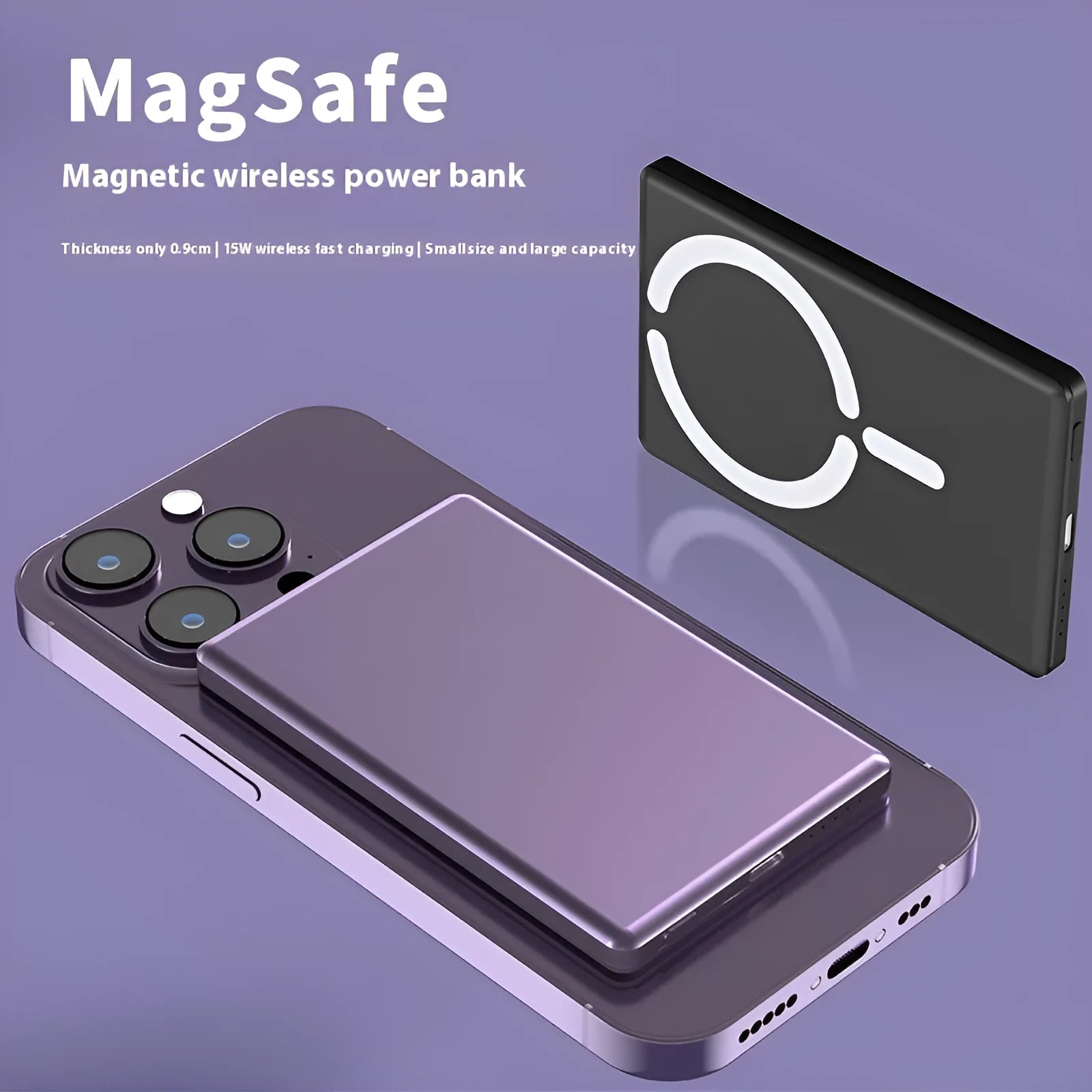 Ultra-thin 9mm magnetic power bank with alloy shell in black, dark grey, silver or violet colours