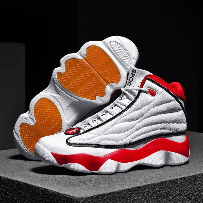 High-top basketball shoe in white and red with mesh upper, thick rubber sole, and lace-up front.