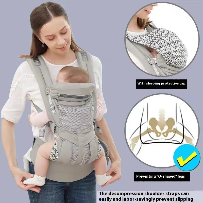 Baby hipseat carrier with waist stool in gray printing colour, polyester material, 20kg capacity