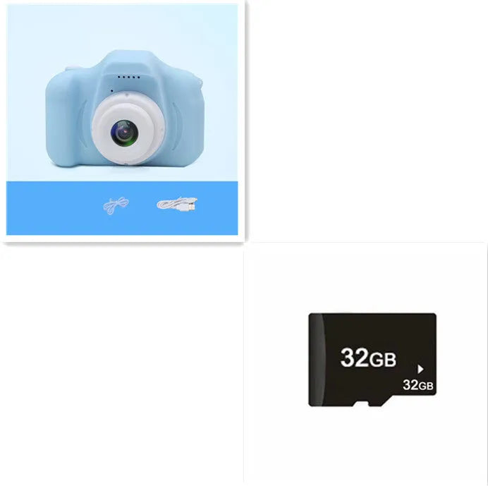 X2 HD mini cartoon kids digital camera in silicone body with 2-inch screen and lanyard.
