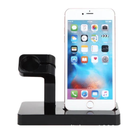 White 2-in-1 charging dock station holding an iPhone and an Apple Watch on a desk.