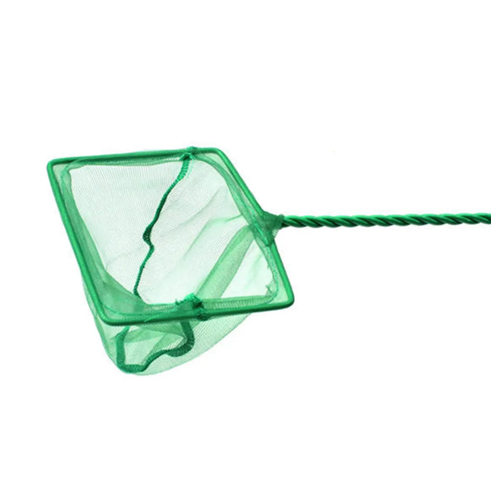 Telescopic green plastic aquarium fish net with extended handle, 3 to 12 inch sizes available