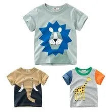 Children's green lion print cotton T-shirt on a hanger, showing crew neck and short sleeves.