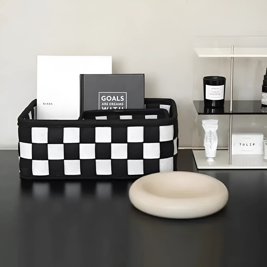 Checkerboard patterned woven felt folding storage basket with handle, showing dimensions 37cm by 29cm by 19.5cm.