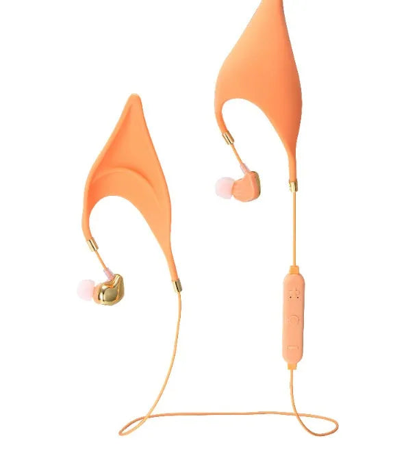 Cartoon elf ear headphones with 3.5mm plug and microphone in black, white and yellow colours