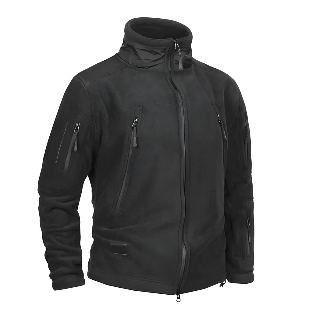 Men's thick military army fleece jacket, windproof thermal, cashmere lining, solid colour, zip front, turn-down collar