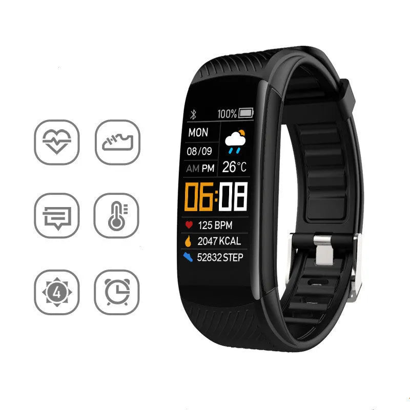 Adult sports silicone pedometer bracelet with 0.96-inch screen on a wrist, shown in multiple colour options.