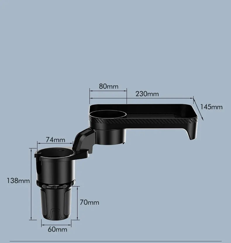 Black ABS plastic car-mounted dinner tray holder rotating in a vehicle cup holder.