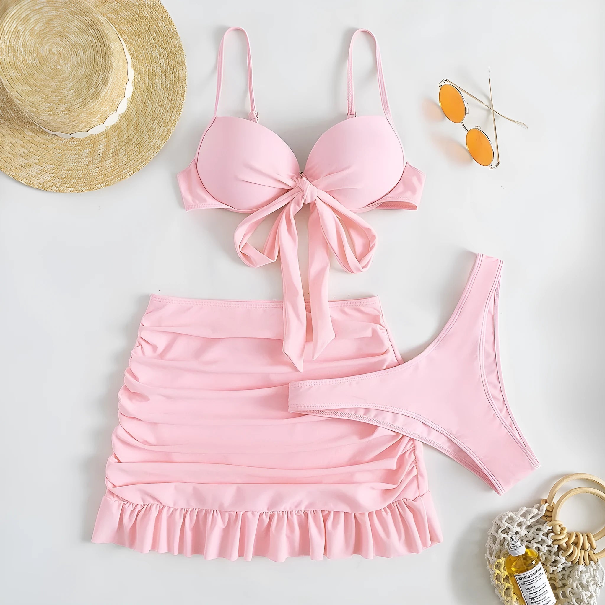 Women's swimwear three-piece set with bow detail and split design in multiple colour options
