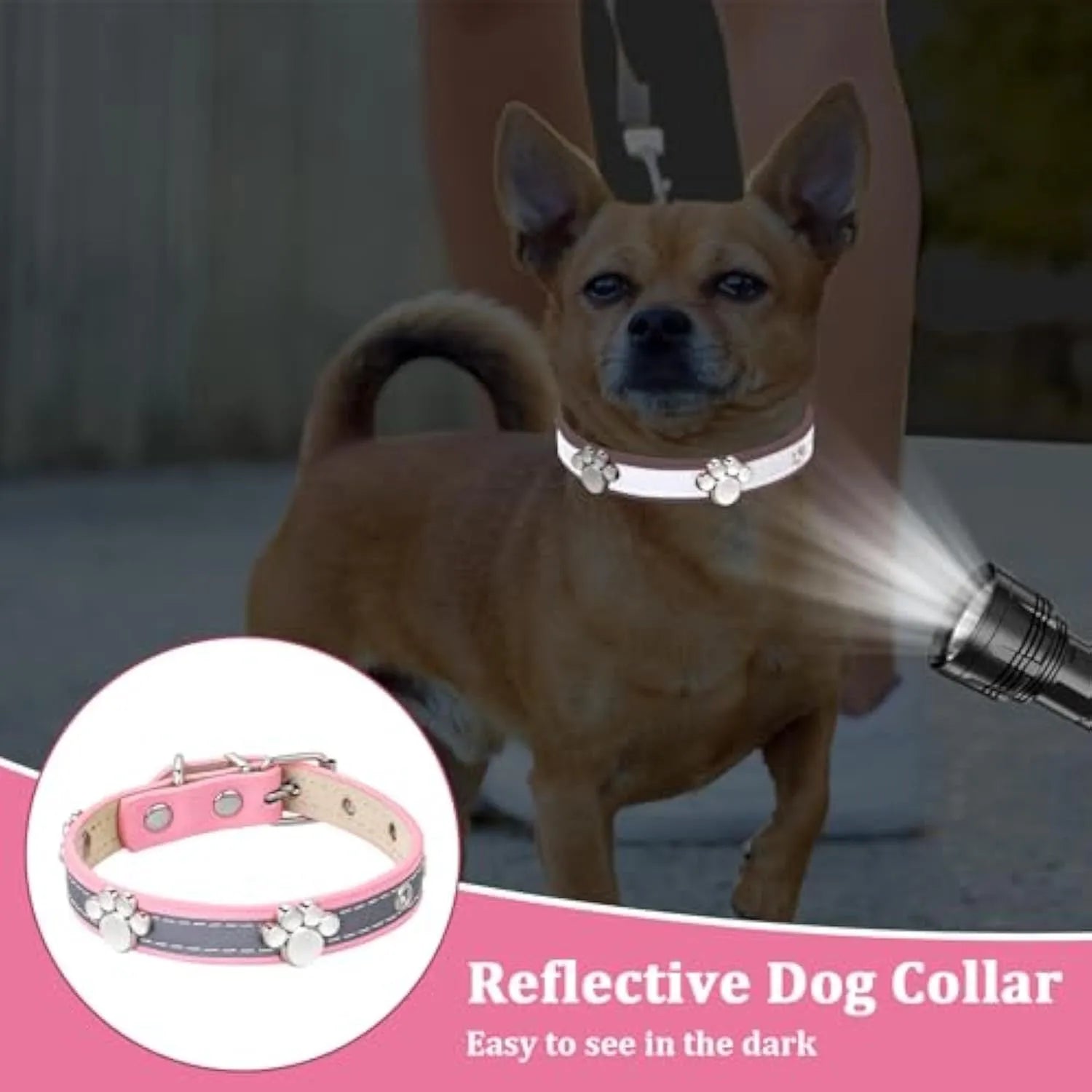 Reflective adjustable dog collar with PU leather and decorative paw rivet in multiple size options