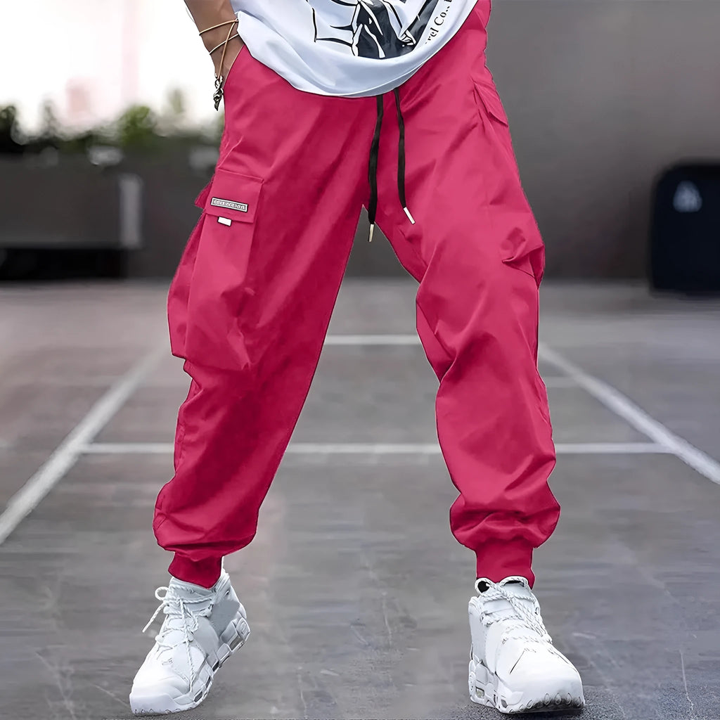 Men's tapered casual polyester trousers in khaki, American retro style