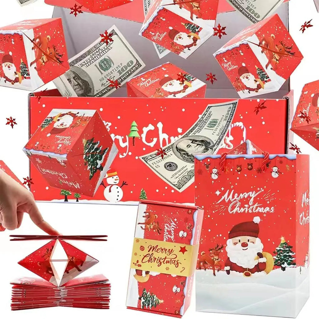 Surprise box birthday creative gift set with paper bounce boxes, gift box, and gift bag in Santa snowman red design