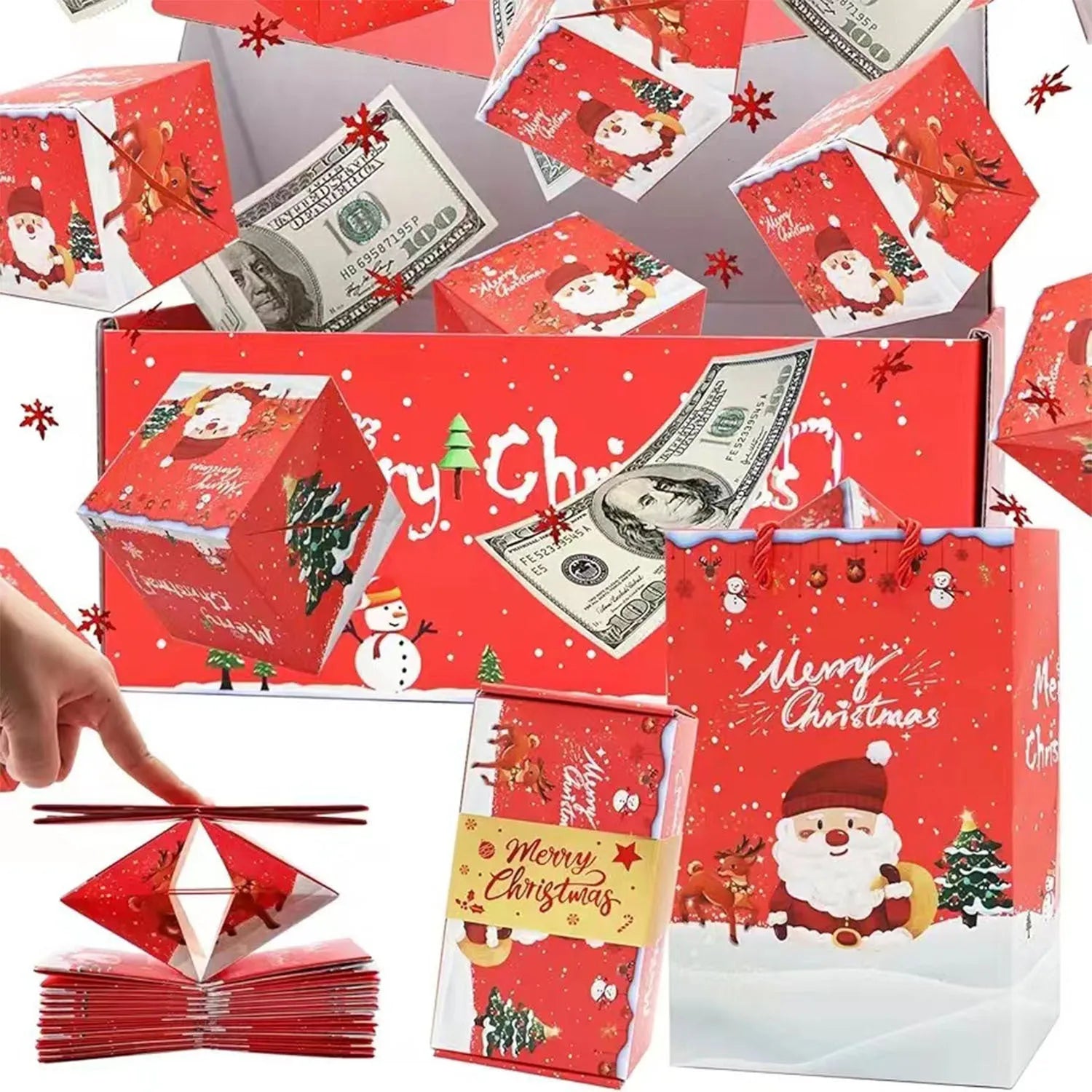 Surprise box birthday creative gift set with paper bounce boxes, gift box, and gift bag in Santa snowman red design