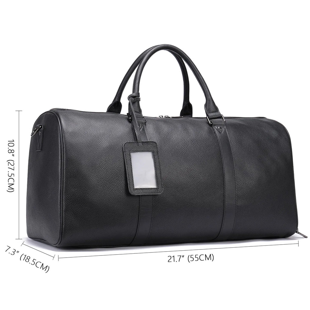 Men's black leather excursion bag with single shoulder strap showing spacious interior