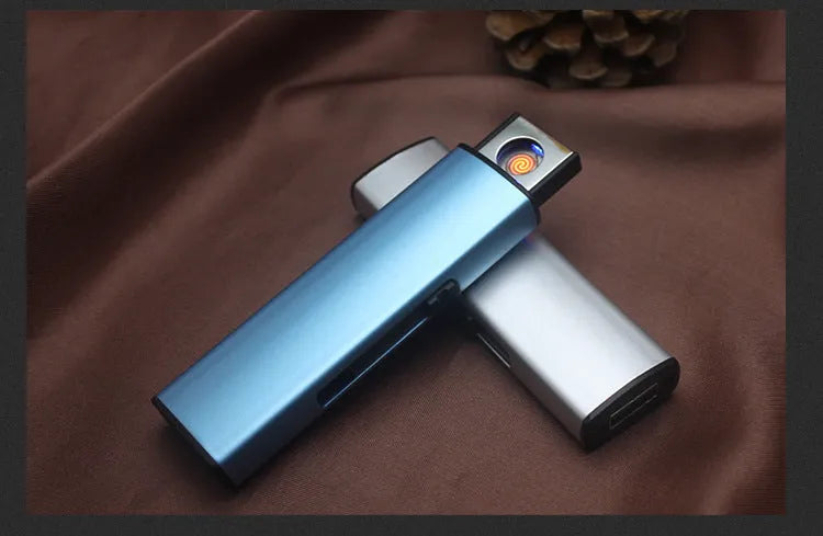 Set of 20 metal windproof rechargeable cigarette lighters in various colours, showing USB charging port.