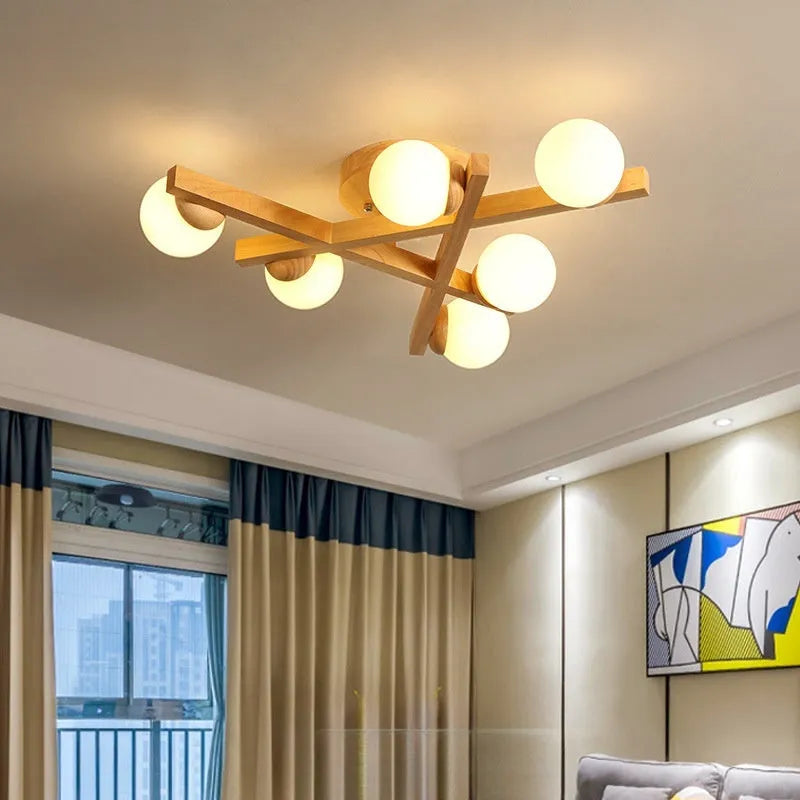 Wooden style modern ceiling lamp with three light heads for living room