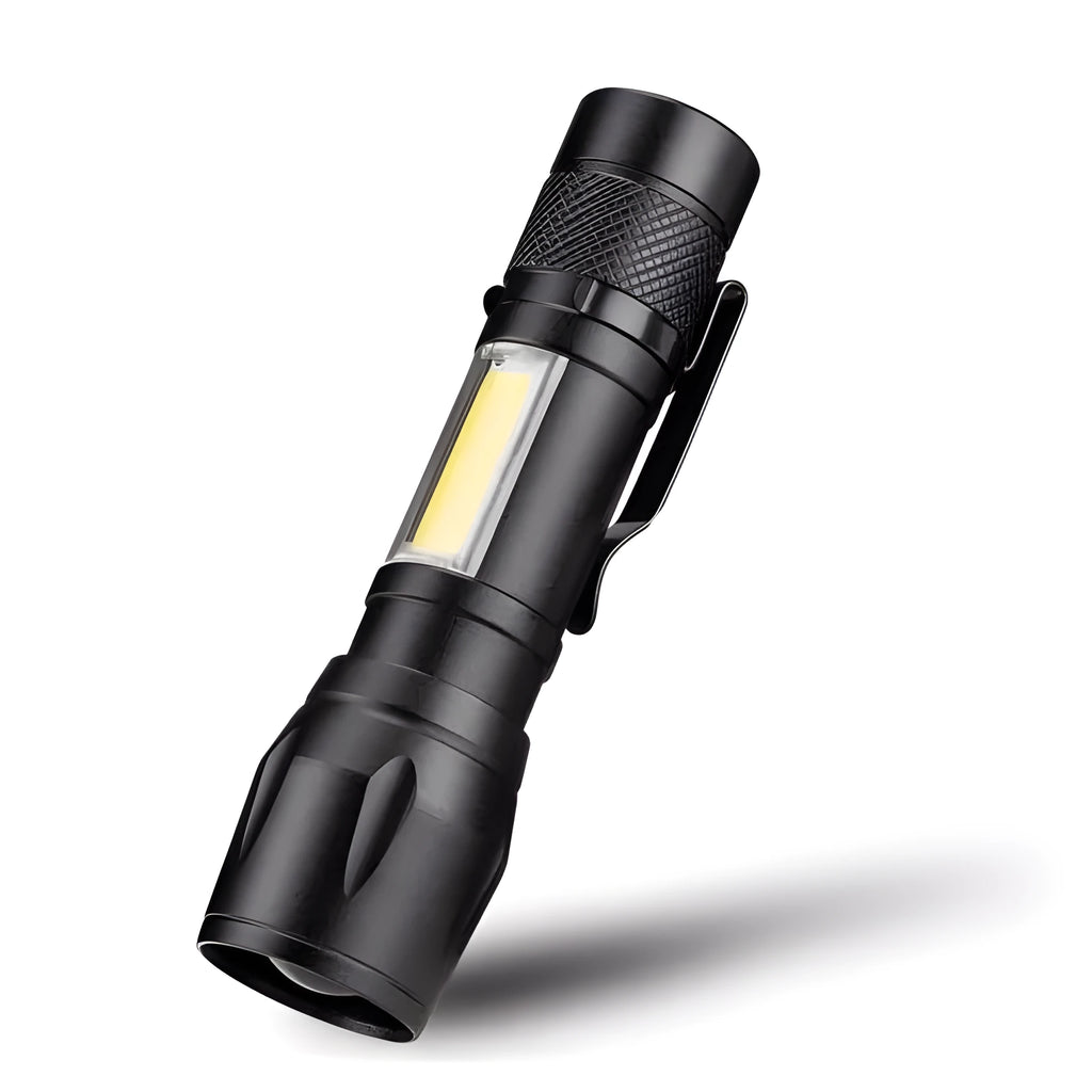 Black aluminium alloy mini telescopic LED flashlight with zoom focus and pocket clip