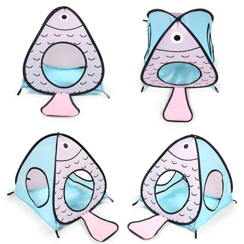 Foldable pet tunnel with cat and fish design in collapsed and expanded positions