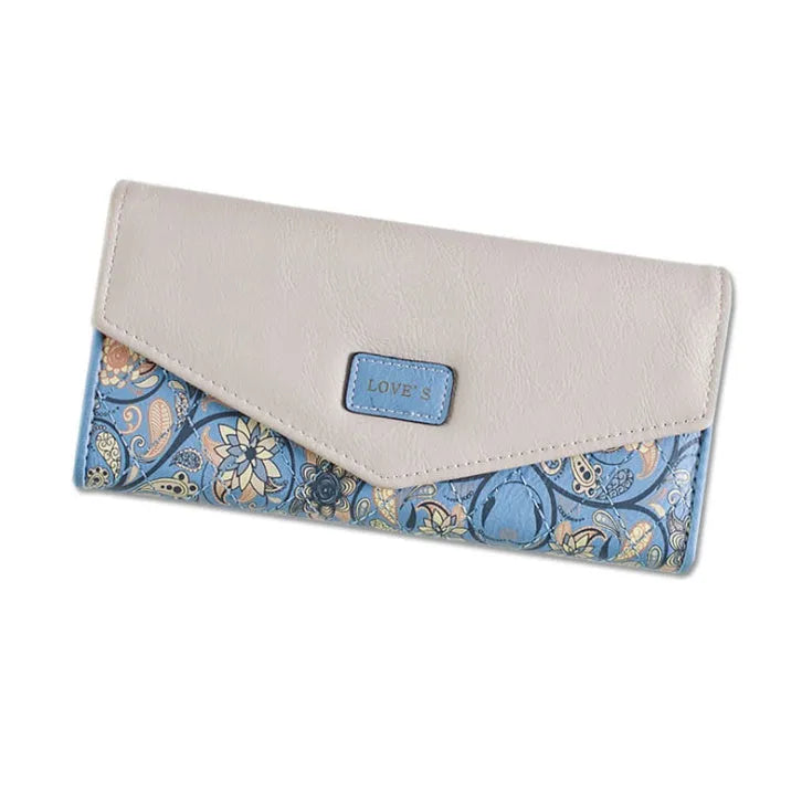 Tri-fold PU leather wallet with metal buckle in black, blue, green, melon red, or violet