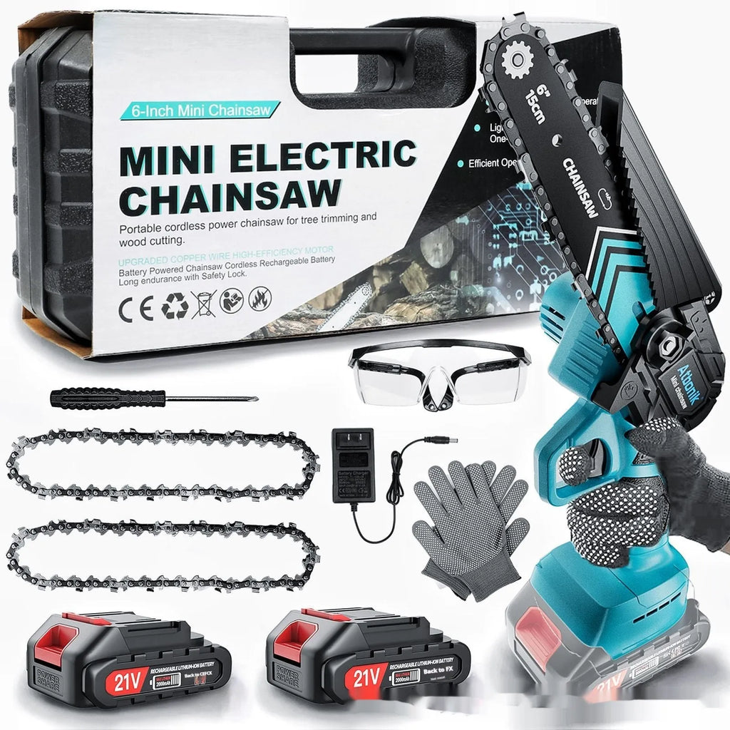 Handheld electric chainsaw with 6-inch chain, two batteries, safety goggles, gloves, and storage box