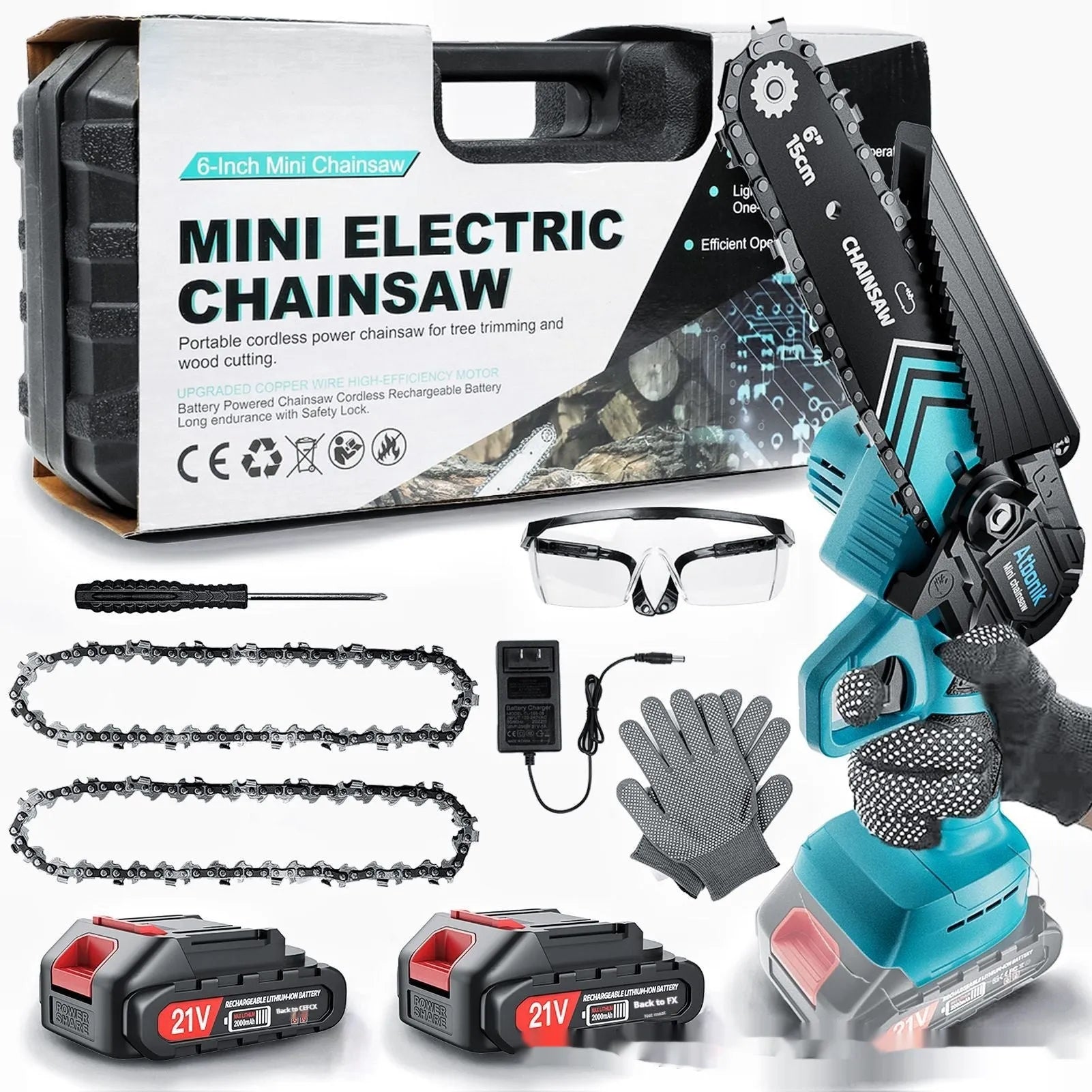 Handheld electric chainsaw with 6-inch chain, two batteries, safety goggles, gloves, and storage box