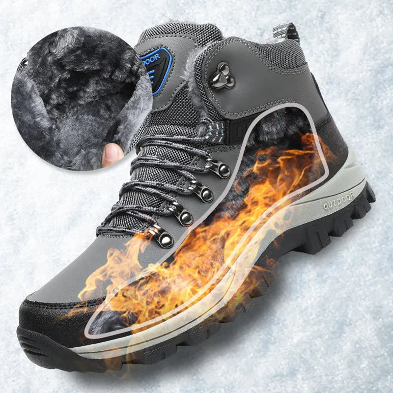 Men's winter snow boots with warm plush lining, lace-up synthetic leather upper, TPR sole, grey plus colour option