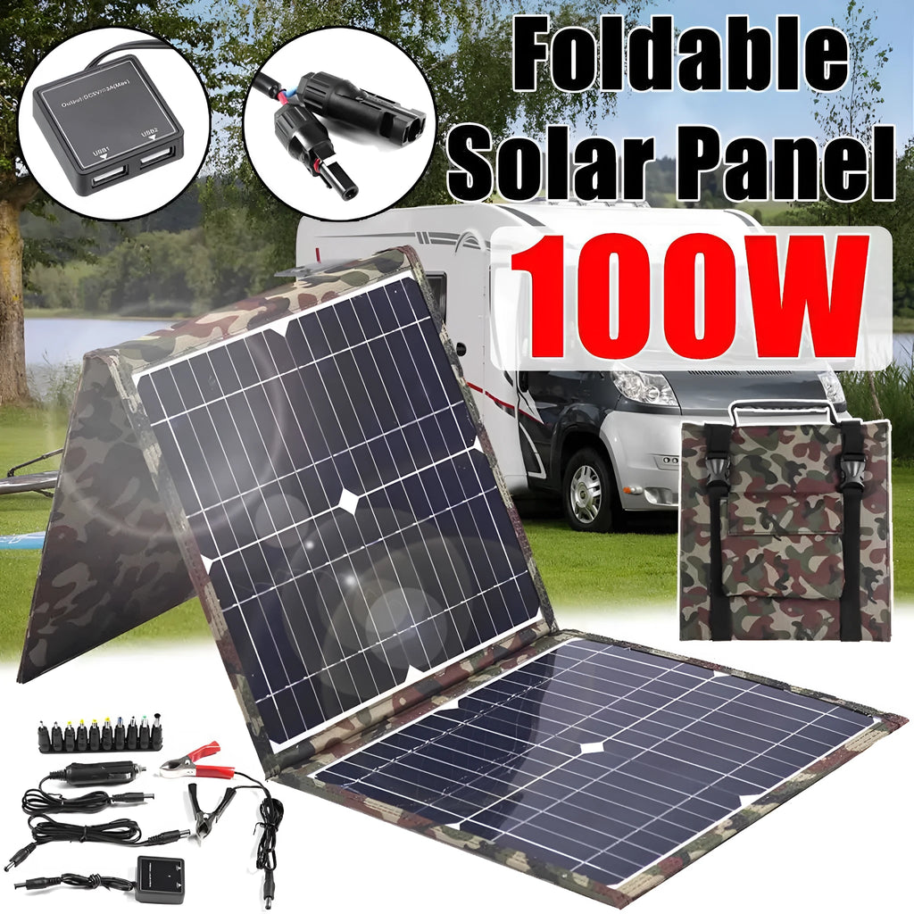 Black foldable portable 36W solar panel unfolded with connected cables and accessories