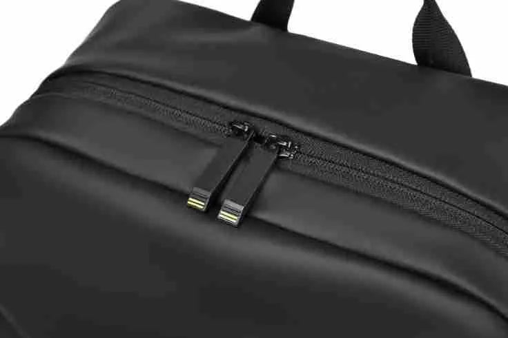 Large black waterproof PU leather backpack for men with prominent stitching, shown next to blue and grey colour options.