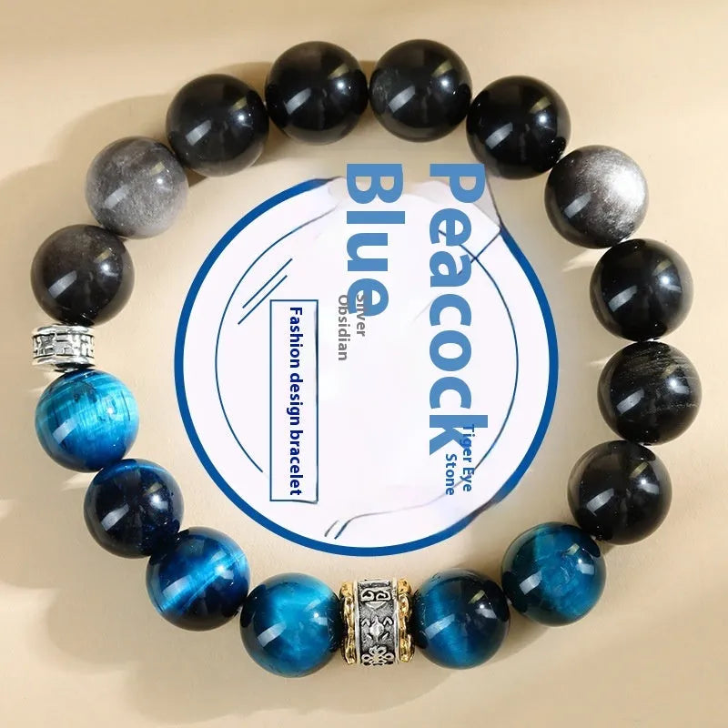 Handmade peacock blue Tigereye stone bracelet with geometric silver beads in ethnic style