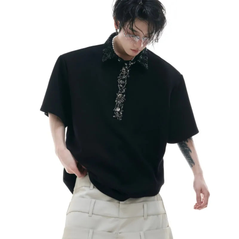 Men's loose fit polyester polo shirt with embroidery sequins and square collar in black, grey or white