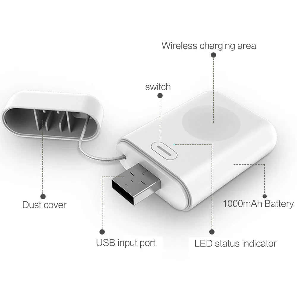 White Apple Watch portable magnetic wireless charger with 1000mAh battery capacity