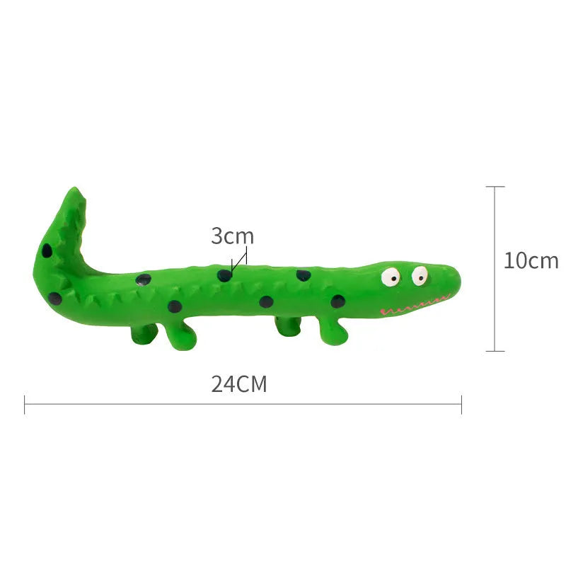Green lizard-shaped latex dog chew toy with squeaker on a white background