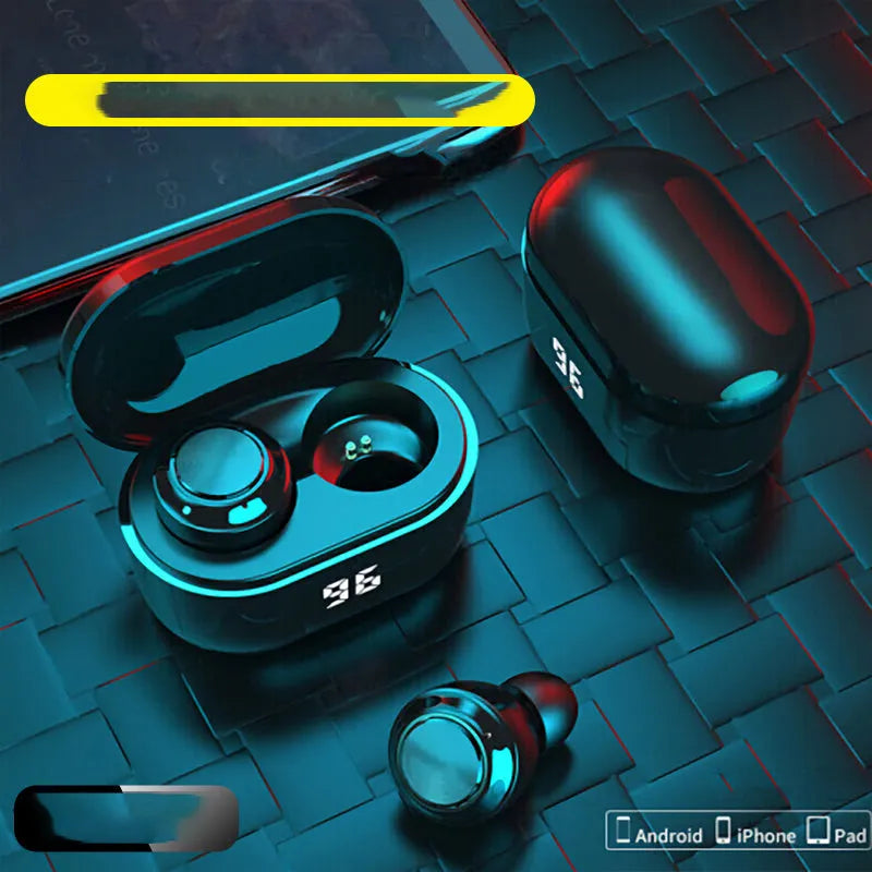 Black in-ear stereo Bluetooth headset showing earplug design for wireless calls and music.