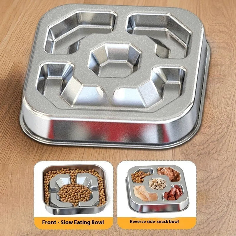 Square stainless steel slow feeding bowl with bone-shaped pattern for dogs and cats