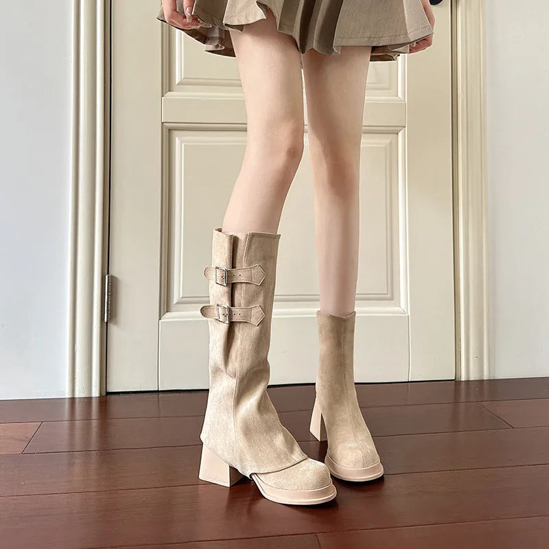 Removable pile style thick high heel platform boots for women suede upper chunky heel apricot brown
