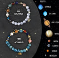 Two natural stone beaded bracelets with gold-tone zodiac charms on an adjustable cord.