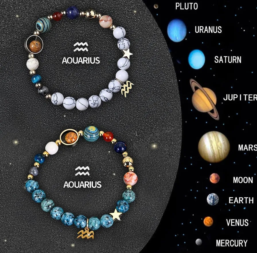 Two natural stone beaded bracelets with gold-tone zodiac charms on an adjustable cord.
