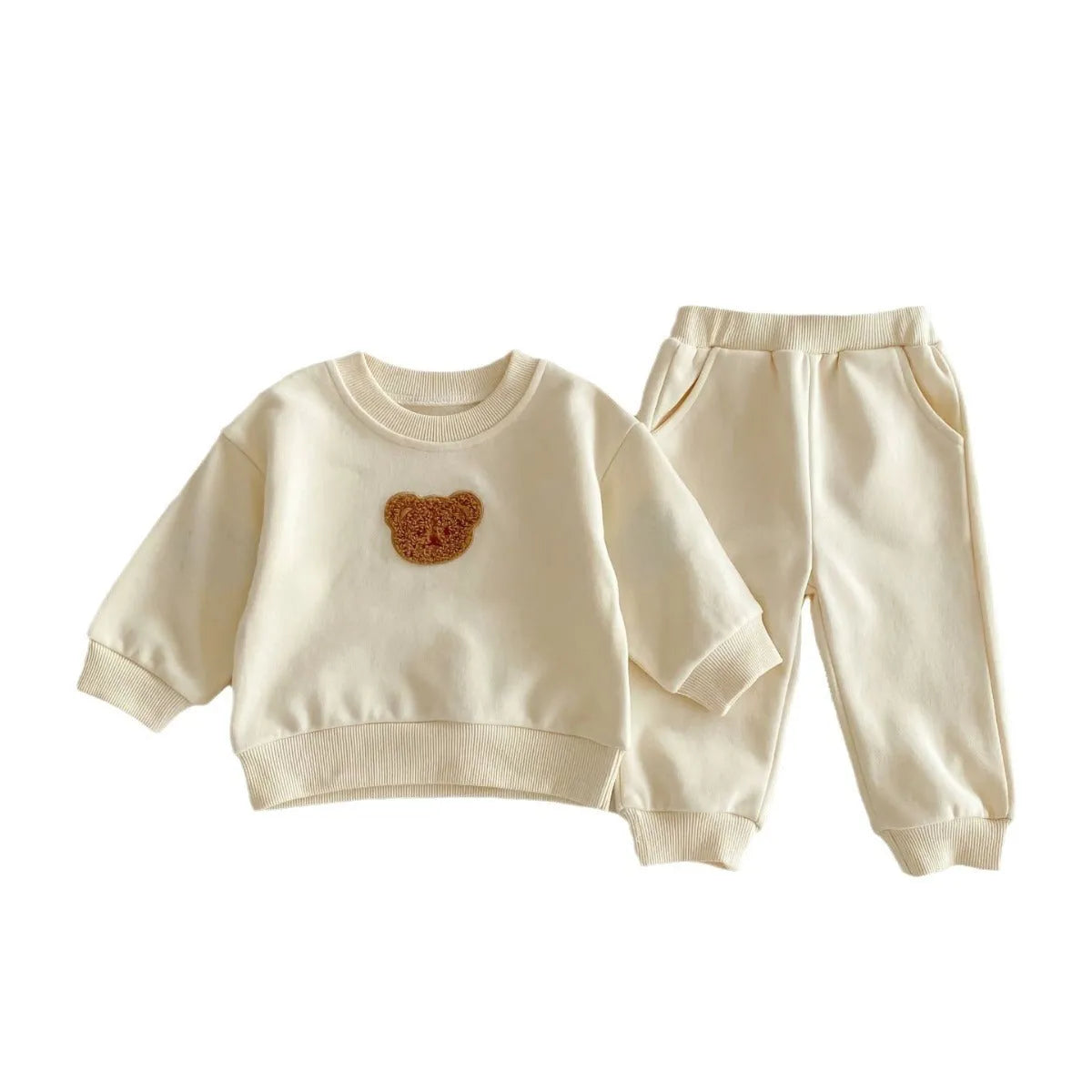 Long sleeve bear pullover sweater suit set in light beige for children 73-110cm cotton cartoon pattern