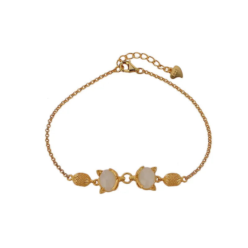 Women's silver bracelet with fox charm pendant in jade or jasper colour options