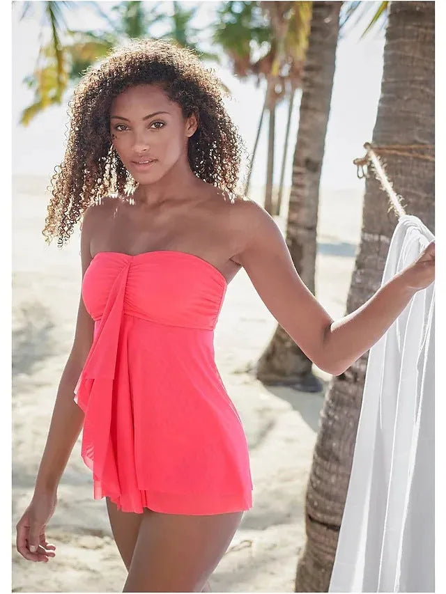 Women's strapless one-piece swimsuit in solid colour polyester fabric on mannequin