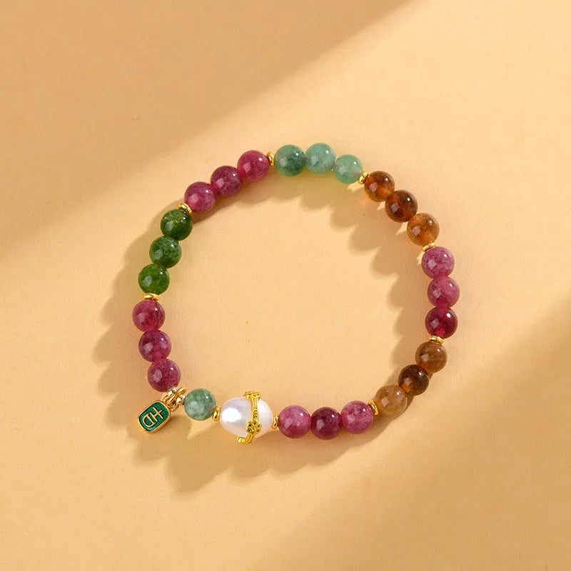 Geometric chalcedony and tourmaline crystal bracelet with 6.5mm beads