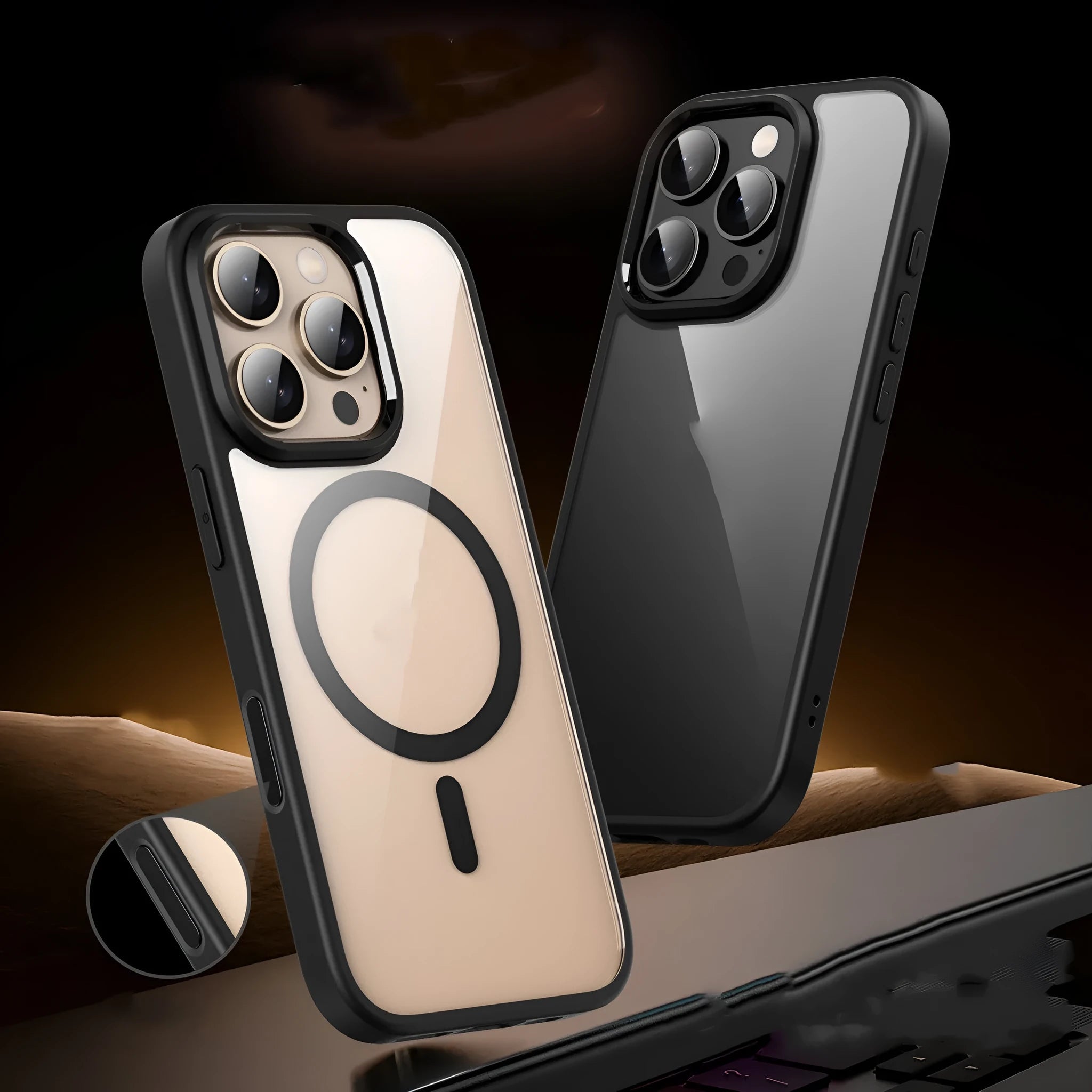 Transparent black magnetic phone case for iPhone 16 with airbag corners and integrated magnetic ring