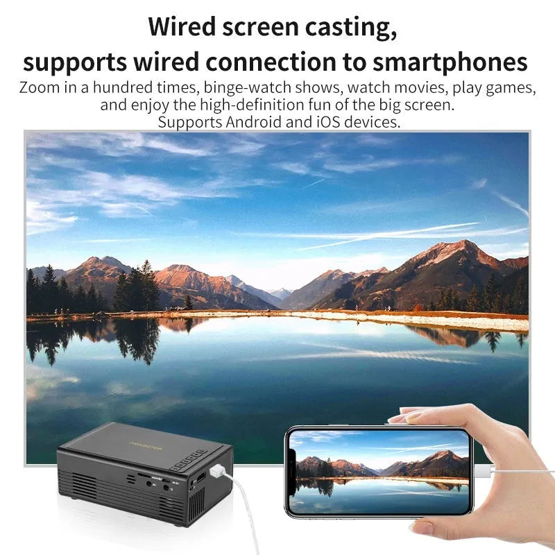 Black and white portable mini projector with wired mobile phone connectivity and 320x240 resolution display