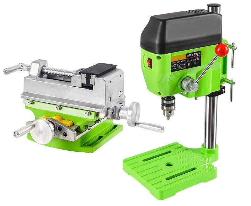 Bench-mounted drilling and milling machine with cross bench pliers and heavy-duty bench pliers.