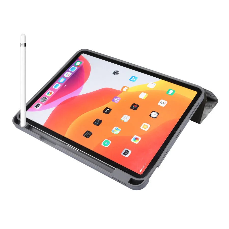 Tri-fold marbling design imitation leather iPad case with a built-in pen slot.
