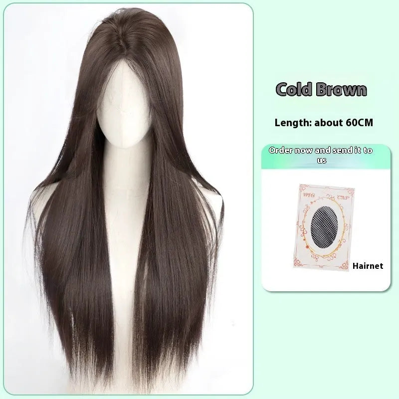 Full-head forehead lace wig in brown black colour with long straight synthetic hair