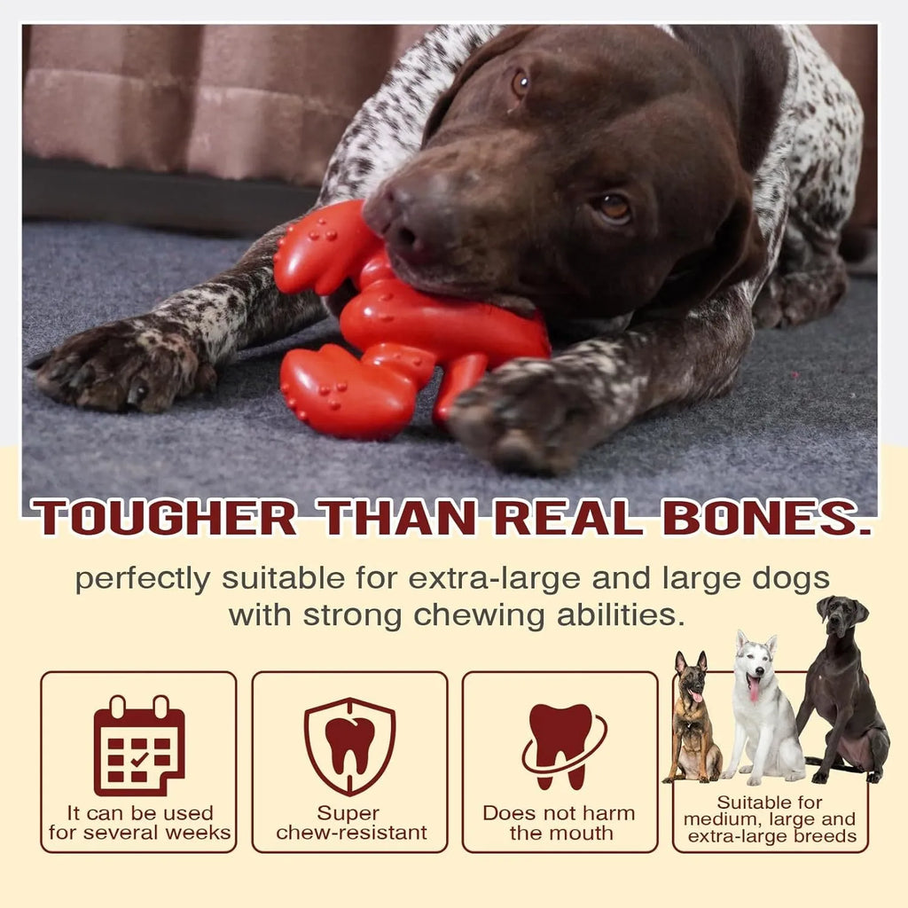 Red hard-material dog chew toy for large aggressive chewers, shown with size scale.